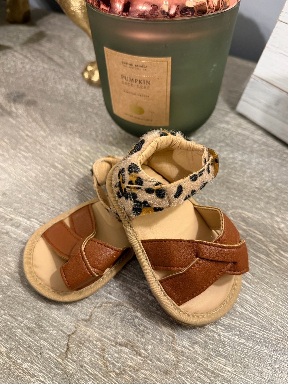 Baby Brown Leather-Look Sandals with Leopard Ankle Strap